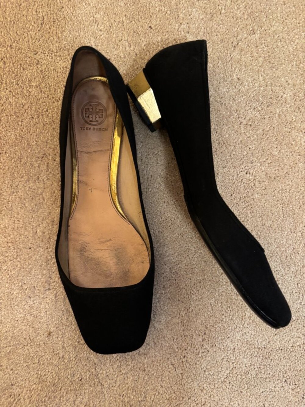 Tory Burch Black Flats Regina Square Toe Low Block Heels Size 11 - Picture 2 of 7
